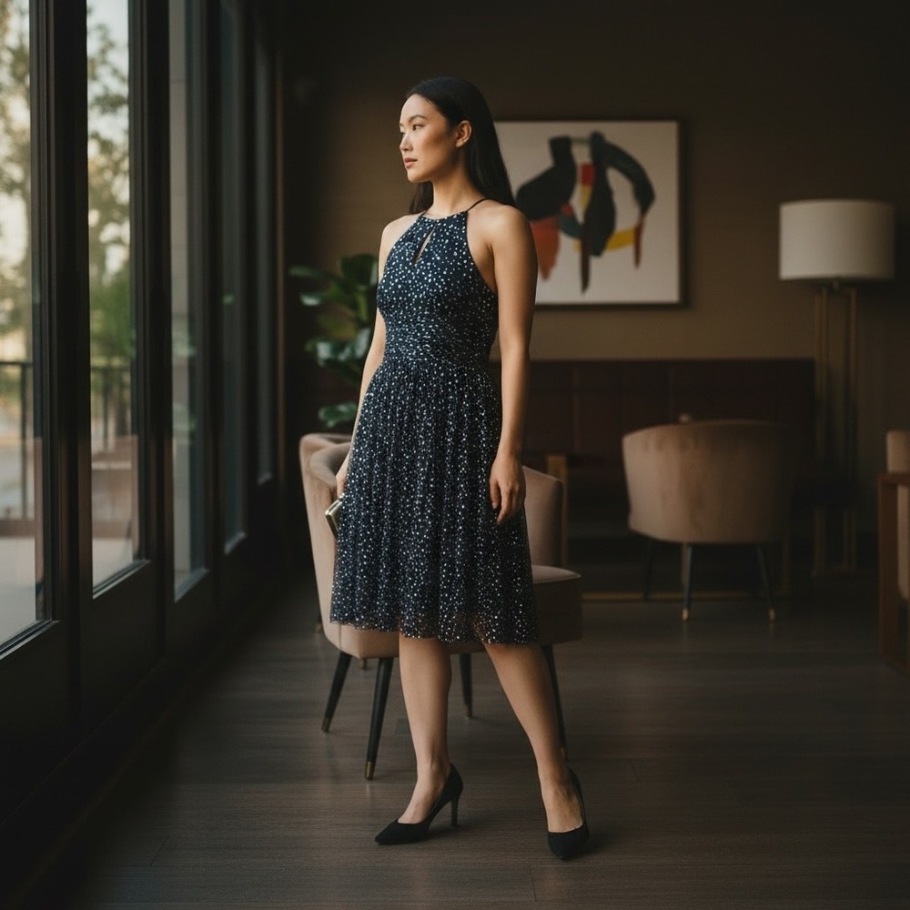 Suzi Chin Maggy Boutique Silk Polka Dot Halter Dress Ruched Waist Navy Black 6